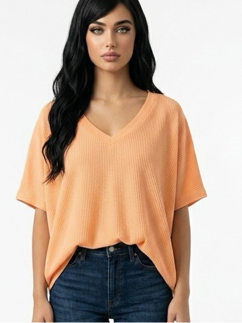 ANDREE BY UNIT Peach V-Neck Short Sleeve Ribbed Top